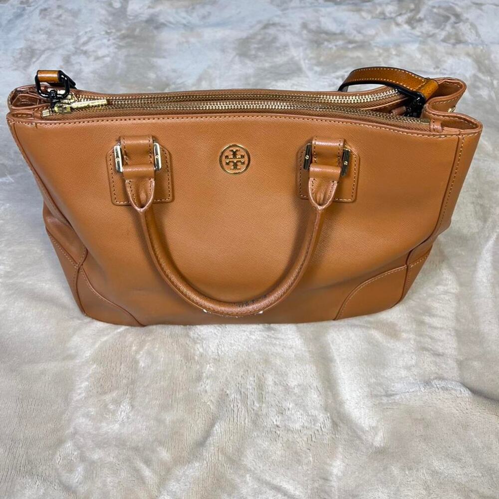 Tory Burch Robinson Double Zip Tote Brown Saffiano Leather